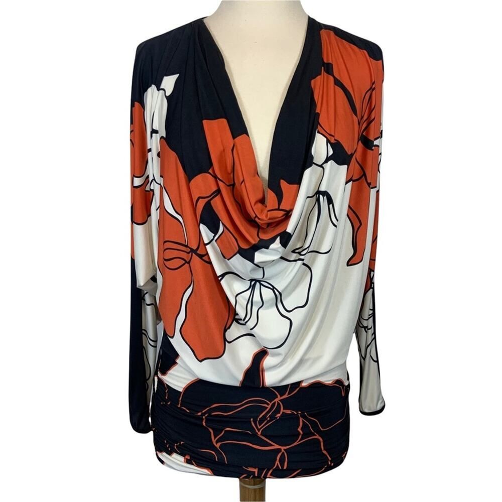 Analili Orange, White, Black Abstract Floral Printed Blouse Size Woman's XS/S